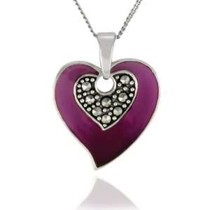   Sterling Silver Marcasite and Purple Epoxy Heart Pendant, 18 Jewelry