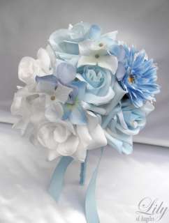 made with one white rosebud accented with light blue ribbon