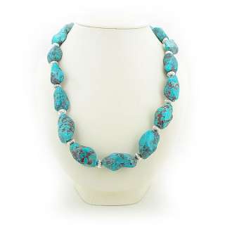 Dark Blue Kingman Tuquoise Nugget Silver Bead Necklace  