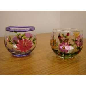    Two Handpainted Glass Tealight Candle Holders 