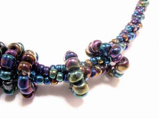   Iridescent Rainbow Peacock Twisted Bead Strand Necklace  
