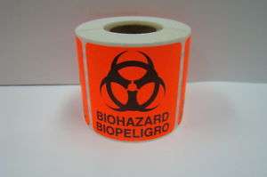 100 2x2 Bright Red BIOHAZARD Shipping Labels  