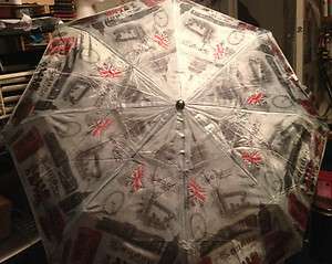   folding umbrella, grey and red showing tourist sights & landmarks