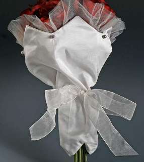 White Satin Floral Bouquet Holder Sleeve with Organza Ribbon Bow 