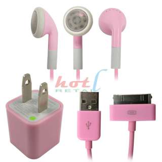 Pink USB Wall Charger Data Sync Cable Earphone Mic iPhone 4GS 4G 3G 