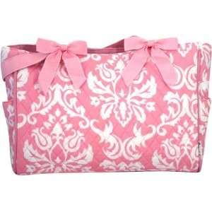    3 Pc Quilted Pink and White Damask Monogrammed Diaper Bag Baby