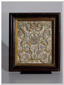 EMBROIDERED SILK AND GOLD PANEL 17th CENTURY NEEDLEWORK  