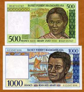 Set, MADAGASCAR, 500;1000 Francs, (1994), P 75;76, UNC  