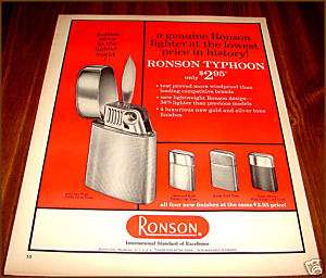 1961 RONSON Typhoon Cigarette Lighter Vintage Print AD  