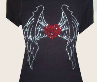 RED HEART ANGEL WINGS RHINESTONE/STUD T SHIRT BLACK.SIZES,M,L,XL,1XL 