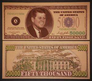 John F. Kennedy Fake $50,000 Dollar Bill PLUS HOLDER  
