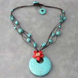 Handmade Copper Red Flower on Turquoise Necklace (Thailand 