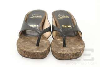   Louboutin Black Leather & Cork Platform Wedge Thong Sandals Size 36.5