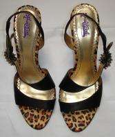 HALE BOB Madison Black Satin Leopard Rhinestone Heels Shoes 9  