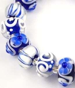 HANDMADE LAMPWORK BEADS Cobalt Blue White Flower Swirl  