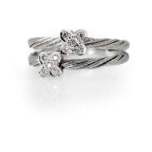   Wire Ring, Enhanced with Flower Shape Pave Set Diamonds., 7.5 Jewelry