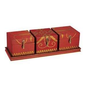  Set of 3 Wooden Boxes with Stand   Leaf Pattern