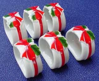 Mount Clemens Ribbon Holly Napkin Rings Christmas Red  