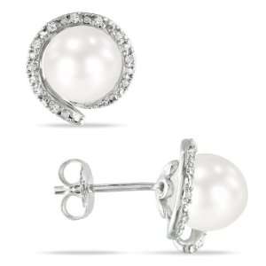  Sterling Silver 1/10 CT TDW Diamond FW White Pearl Stud 