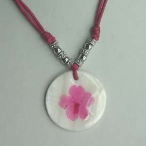   Pink Flower Mother of Pearl Pendant w. Leather Necklace Dahlia