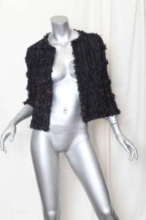 CHANEL Black Fringe Ribbon Yarn Woven Tweed Collarless Blazer Jacket 