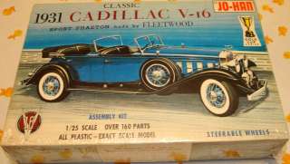New 1960s Vintage JO HAN 1931 CADILLAC V 16 Car Model Kit Gold Cup VF 