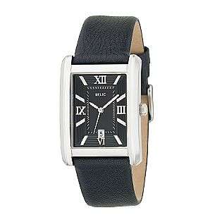 Mens Calendar Date Watch with Square Black Dial and Black Leather Band 
