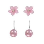 Pink Flower and Ball Earring Set in Sterling Silver 