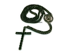 ROW ICED OUT BLACK GOLD ROSARY CROSS CHAIN NECKLACE  