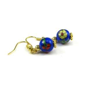   Bermuda Blue Bead Dangle Earrings with Floral Pattern Decor: Jewelry
