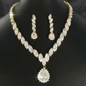 Designer Inspired 18ct Gold Plated Faux Diamond Necklace Earring 