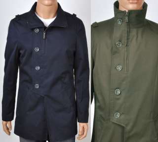 New Mens Asymmetrical Button Zip Fall Trench Coat Jacket Navy Military 