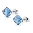   Silver Earrings Aqua Color Cube Swarovski Crystal Stud Earring