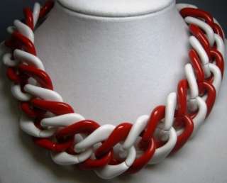 Chunky Vintage Red & White Lucite Large Chain Link Necklace 17 x 1 1 