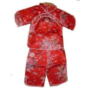    Girls Short Sleeve Silk Floral Suit   Red  Size 6 