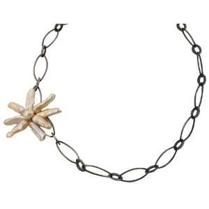  Alex Carol Biwa Pearl Flower on Gunmetal Chain Necklace Jewelry