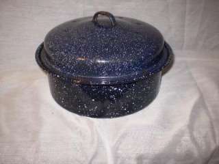 Vintage, Enamelware, 10, Dark Blue, Covered, Pot  