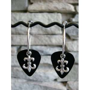 Guitar Pick and Silverplated Hoop Earrings with Fleur de Lis Charms on 