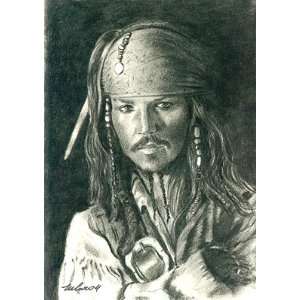 Johnny Depp (Jack Sparrow) Portrait Charcoal Drawing Matted 16 X 20