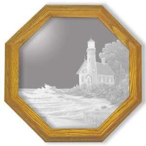 Etched Mirror Lighthouse Art in Solid Oak Frame:  Home 
