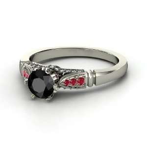   Round Black Diamond 18K White Gold Ring with Ruby & Diamond: Jewelry