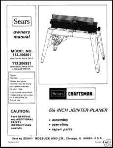 Craftsman 6 1/8 Jointer Operators Manual No.113.206801  