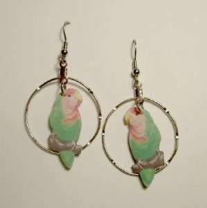 Green Peach Faced Lovebird Dangle Hoop Earrings  