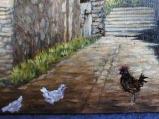 FRENCH OIL PAINTING FARM SCENE FEED CHICKENS ORIGINAL  