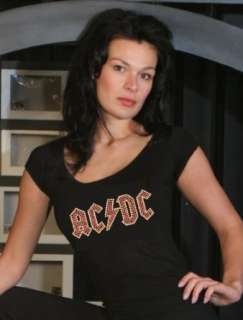 AC/DC Cap Sleeve Shirt, Damen, Strass Applikation ACDC  