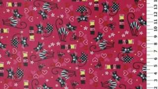 yd FLANNEL Black Cats Pink Hearts on Magenta BTY  