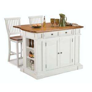 Home Styles Kitchen Island in White with Oak Top and Two Stools 5002 