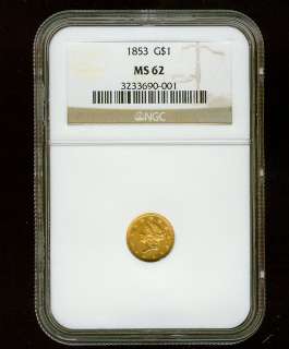 1853 Gold $1 NGC MS 62 Liberty Head One Dollar Gold  