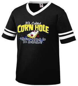   Called Corn Hole Mens V neck Ringer T shirt Get Schooled Drinking Beer
