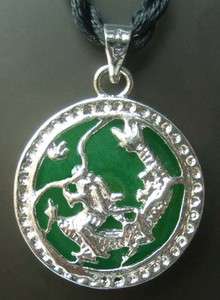 Green Jade Alloy Metal Dragon Amulet Pendant Necklace  